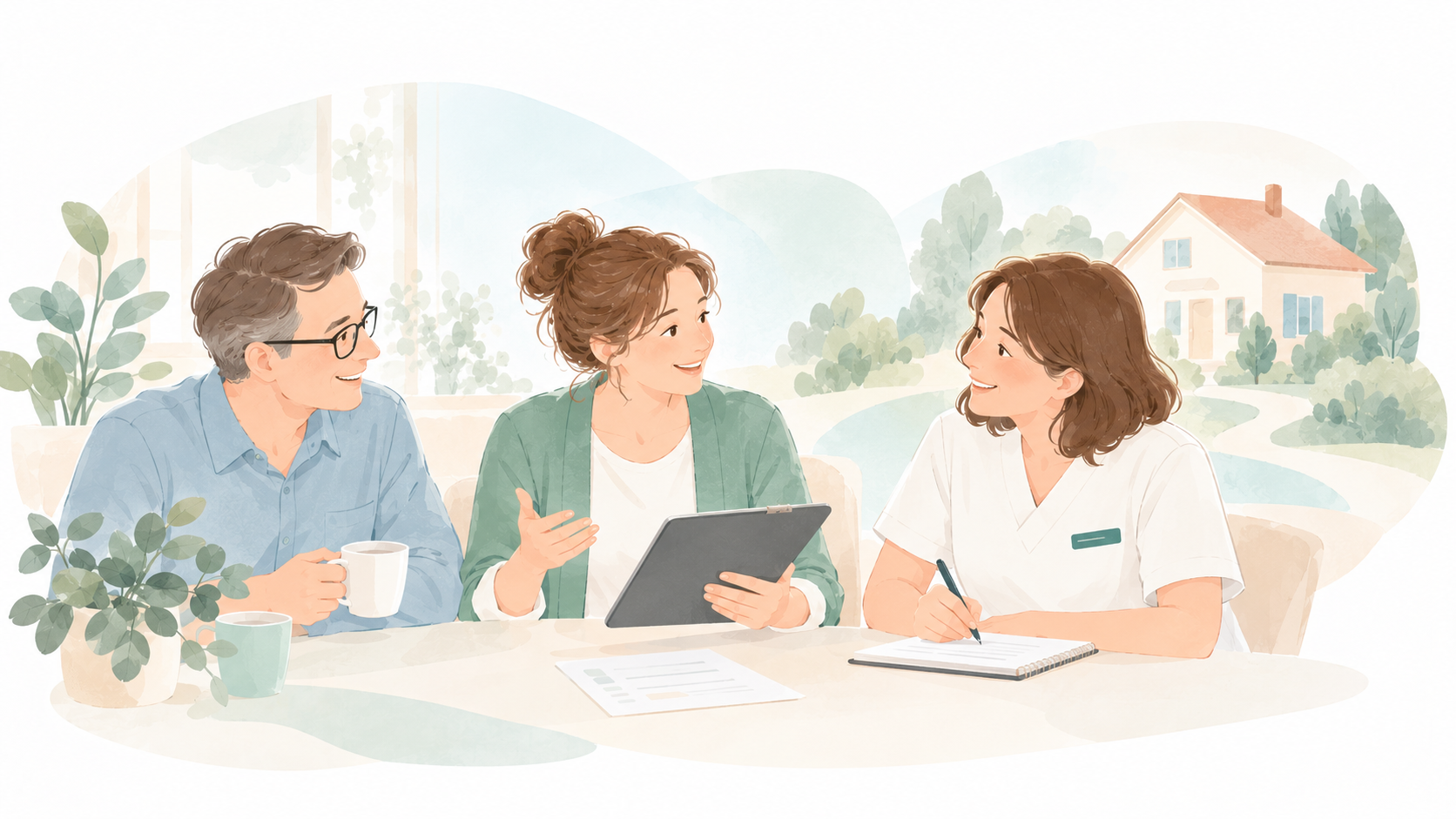 Drei Menschen sitzen an einem Tisch im gemeinsamen Austausch – Sinnbild für Zusammenarbeit bei ZIEAS