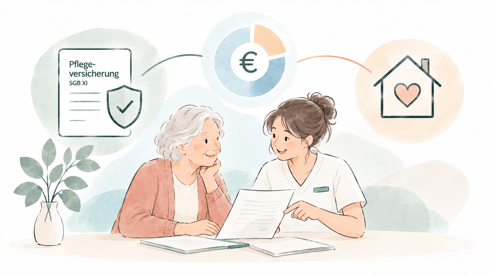 Gespräch über Leistungen der Pflegeversicherung und die Finanzierung häuslicher Unterstützung